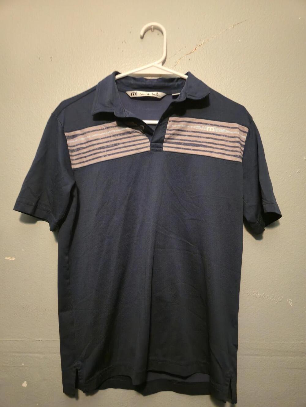 Travis Matthew Navy Blue Polo Shirt with Striped Chest Detail BOYS SIZE LARGE